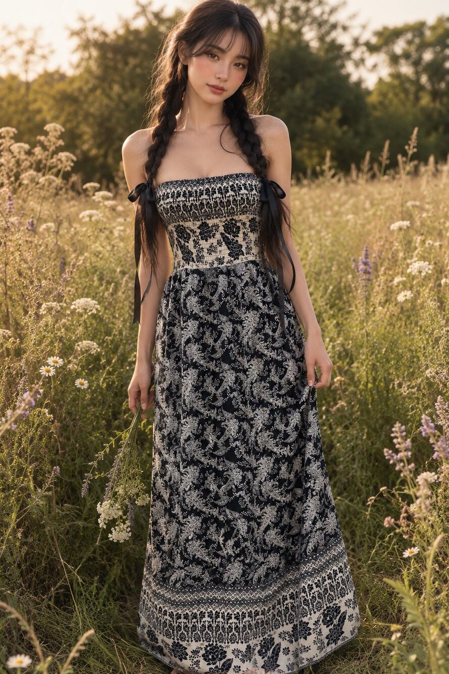 Windswept Wanderlust Whispers Flowy boho printed strapless smocked maxi dress M